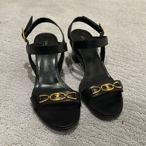 Celine Black Triomphe Leather Slingback Sandals